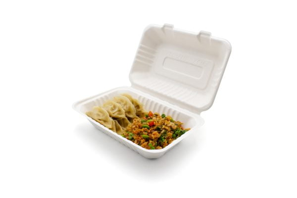 2320027 Bagasse Lunch Box 9x6 Inch Open With Food