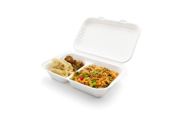 2320028AA Bagasse Lunch Box 2 Compartment Open With Food