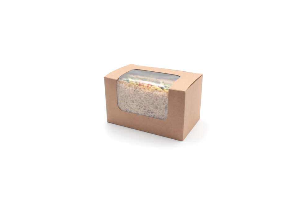 5430063A Kraft Bloomer Sandwich Box Closed With Sandwich Contents