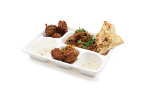 5 Compartment Bagasse Meal Tray with food contents 2320028BA